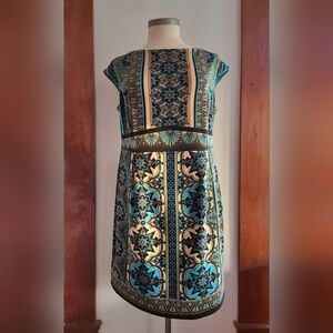 Elegant Turquoise and Cream Patterned Dress
